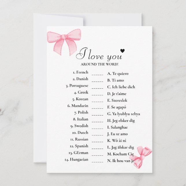 Bow I Liebe Sie um die Welt Bridal Game Card Einladung (Vorderseite)