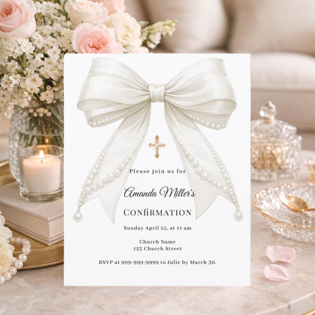 Bow ivory pearls girl Confirmation invitation (Von Creator hochgeladen)