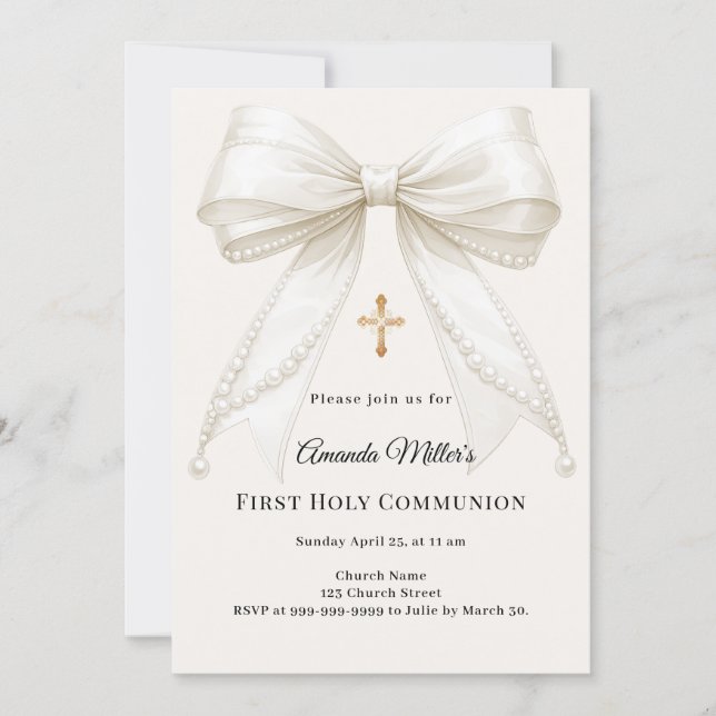 Bow ivory pearls girl elegant First Communion Einladung (Vorderseite)