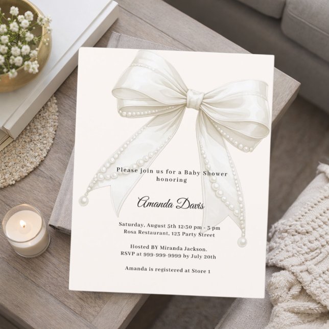 Bow ivory pearls luxury Baby Shower invitation (Von Creator hochgeladen)