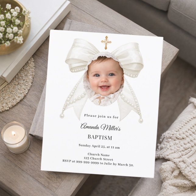 Bow Ivory Pearls Photo Girl Baptism invitation (Von Creator hochgeladen)