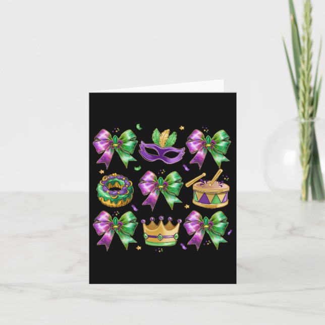 Bow King Cake Crown Mask Drum Mardi Gras Kostüm Karte (Vorderseite)