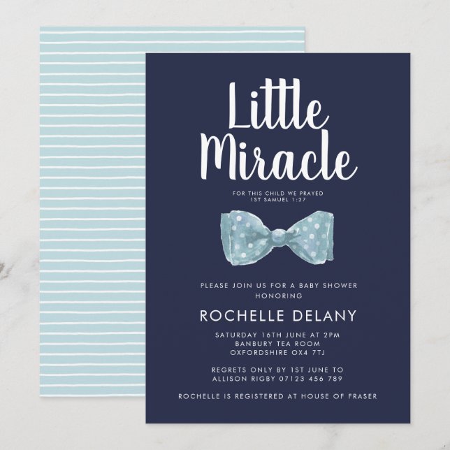 Bow Krawatte Blue Little Miracle Baby Dusche Einladung (Vorne/Hinten)