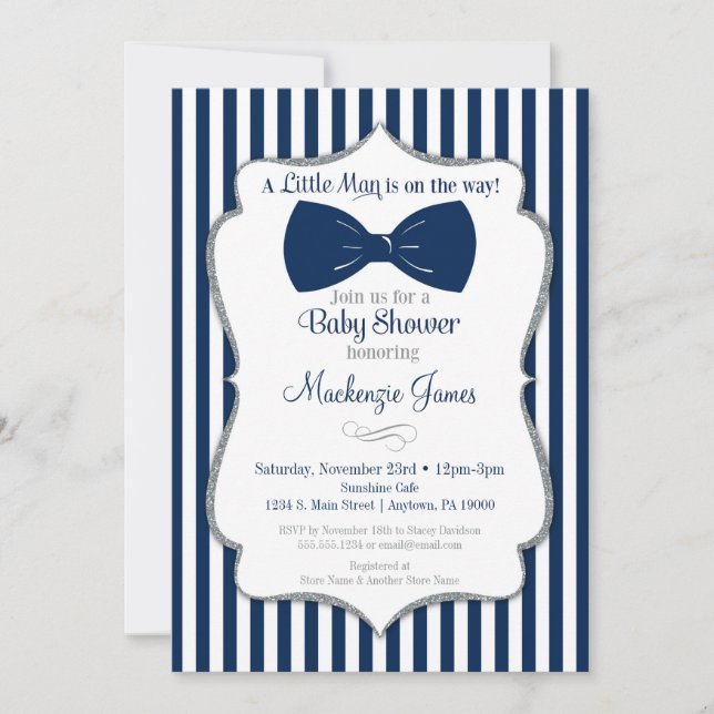 Bow Krawatte Boy Baby Shower Einladung Navy Silver (Vorderseite)