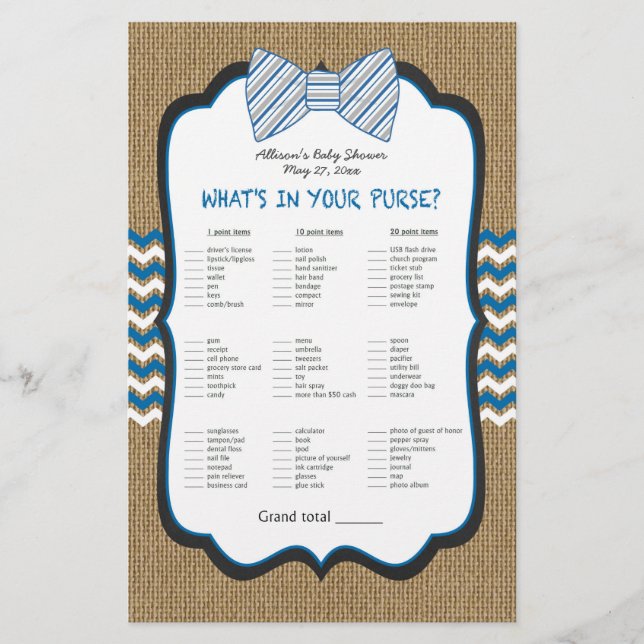 Bow Krawatte Boy Baby Shower Handtasche / Bingo (Vorderseite)