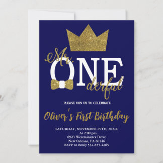Bow Krawatte, Navy & Gold Little Man, Mr. Onederfu Einladung