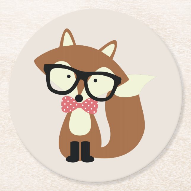Bow Krawatte und Brille Hipster Brown Fox Runder Pappuntersetzer (Vorderseite)