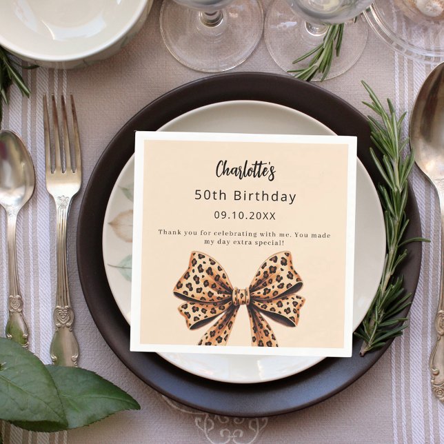 Bow Leopard-Druck braun beige Geburtstag Serviette (Von Creator hochgeladen)
