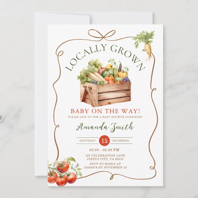 Bow lokal angebaute Fresh Market Veggie Baby Showe Einladung (Vorderseite)