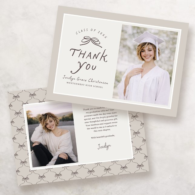 Bow Modern Photo Graduation Thank You Card Dankeskarte (Front and Back View)