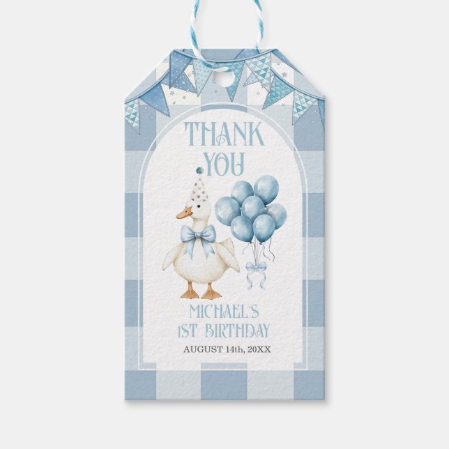 Bow One Silly Goose 1st Birthday Blue Gingham Geschenkanhänger (Vorderseite)