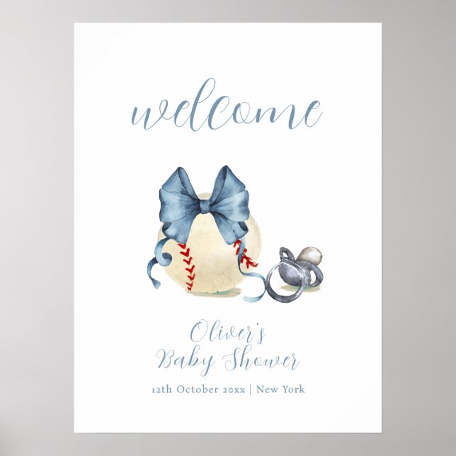 Bow Pacifier Baseball Sport Baby Shower Welcome  Poster (Vorne)