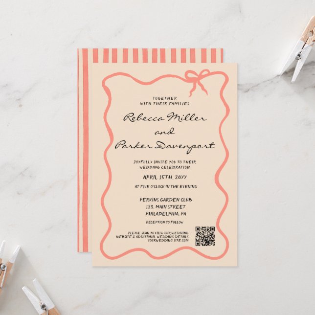 Bow Painted Pinstripes Wedding QR Code Einladung (Vorderseite/Rückseite Beispiel)
