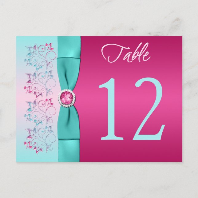 BOW Pink, Aqua Floral Tischnummer Card (Vorderseite)