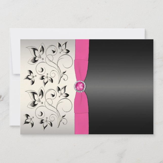 BOW Pink Black Gray Floral Wedite Einladung (Vorderseite)
