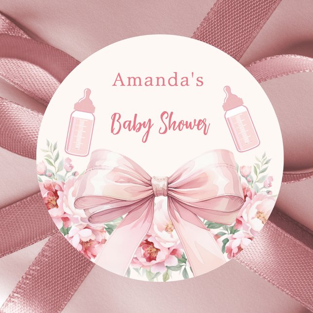 Bow pink florals Flaschen Babydusche Runder Aufkleber (Von Creator hochgeladen)