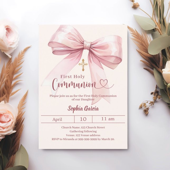 Bow pink girl cream elegant First Communion Einladung (Von Creator hochgeladen)