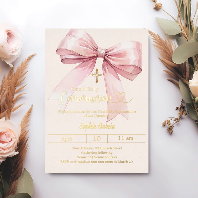 Bow pink girl cream luxury gold First Communion Folieneinladung (Von Creator hochgeladen)