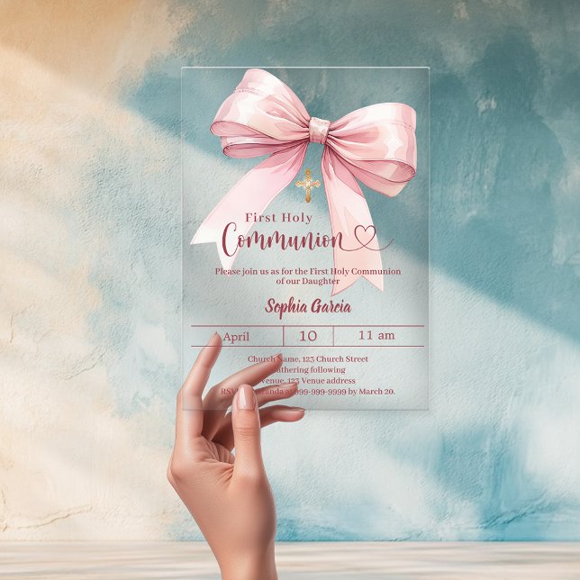 Bow pink girl elegant luxury clear First Communion Acryleinladungen (Von Creator hochgeladen)