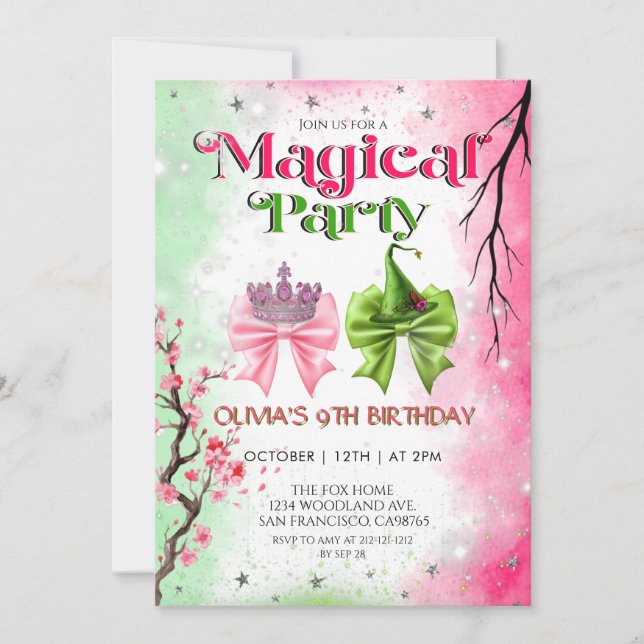 Bow pink & green Magical Witchy Birthday Einladung (Vorderseite)