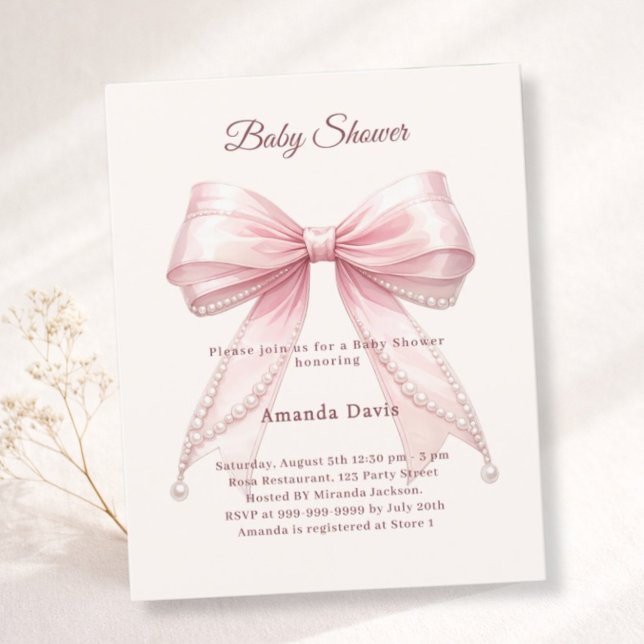 Bow pink ivory pearls girl Baby Shower invitation (Von Creator hochgeladen)