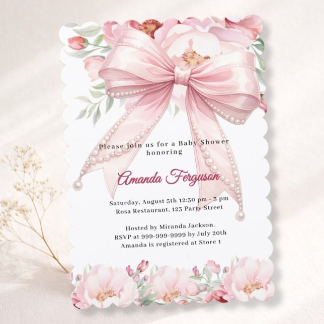 Bow pink pearls florals girl elegant Baby Shower Einladung (Von Creator hochgeladen)