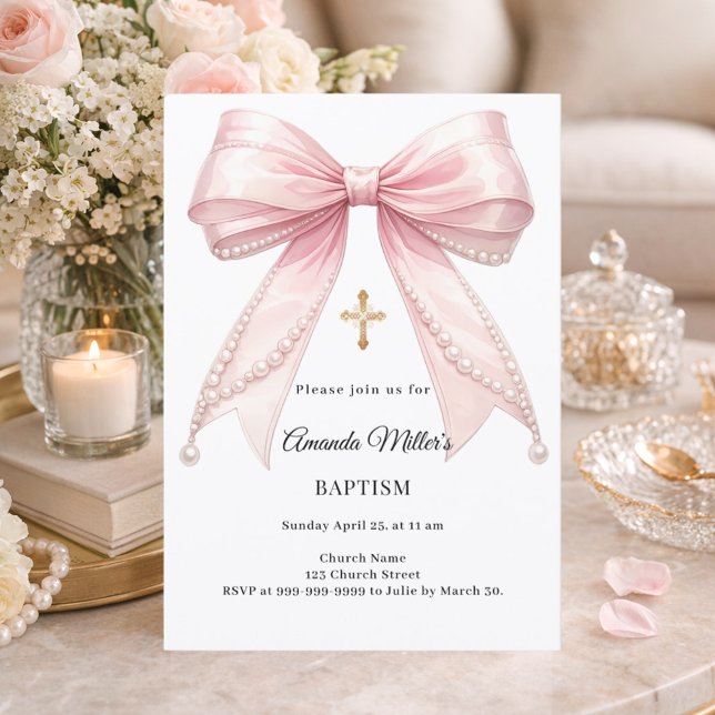 Bow Pink Pearls Girl Elegant Baptism Einladung (Von Creator hochgeladen)