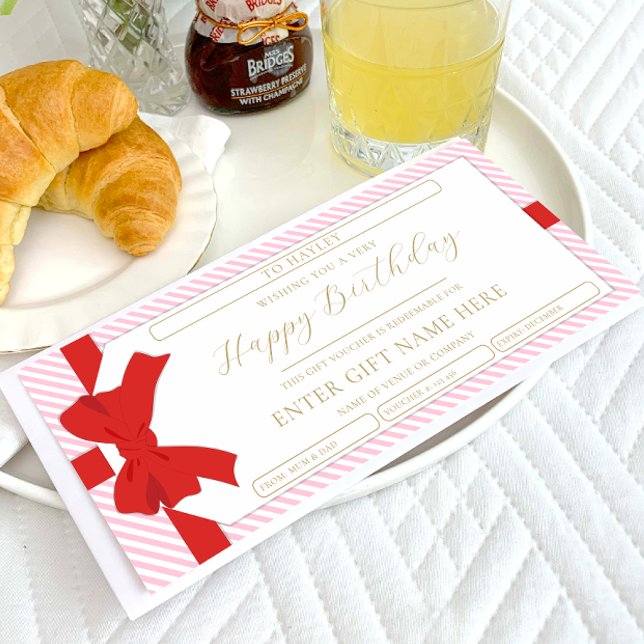 Bow Pink Stripe Happy Birthday Geschenkgutschein K Einladung (Von Creator hochgeladen)