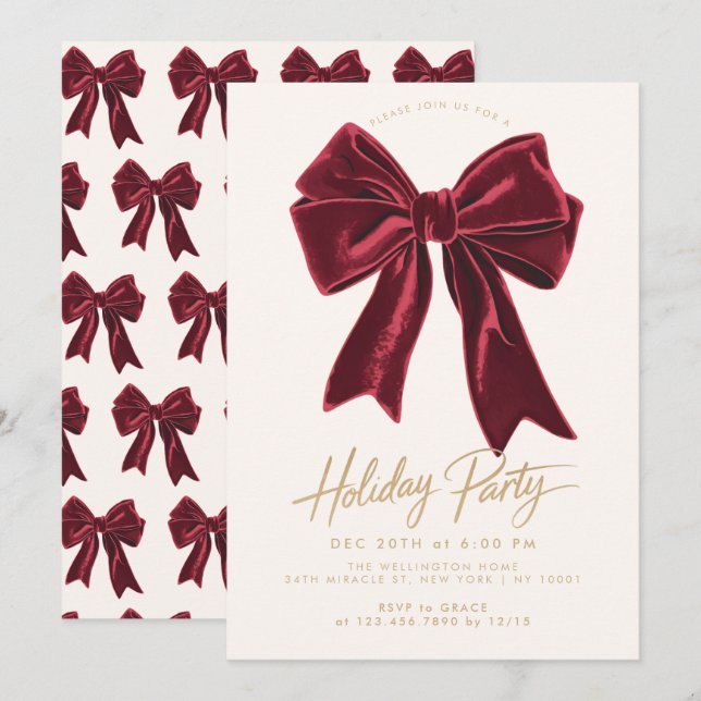 Bow Red Velvet Bow Elegantes Weihnachtsfest Party Einladung (Vorne/Hinten)