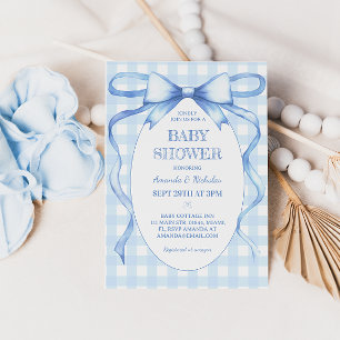 Bow Ribbon Blue Gingham Baby Boy Dusche Einladung