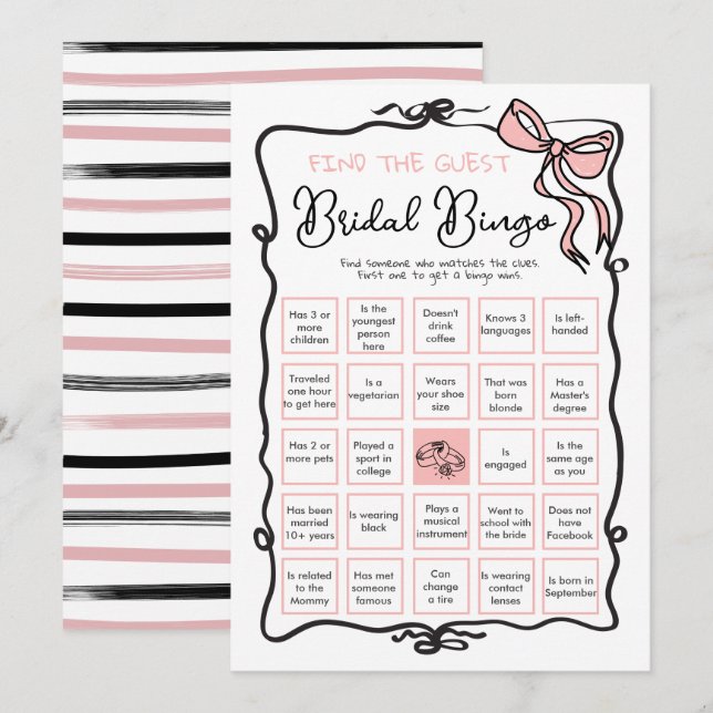 Bow Ribbon Brautparty Finden Sie den Gast BINGO Einladung (Vorne/Hinten)