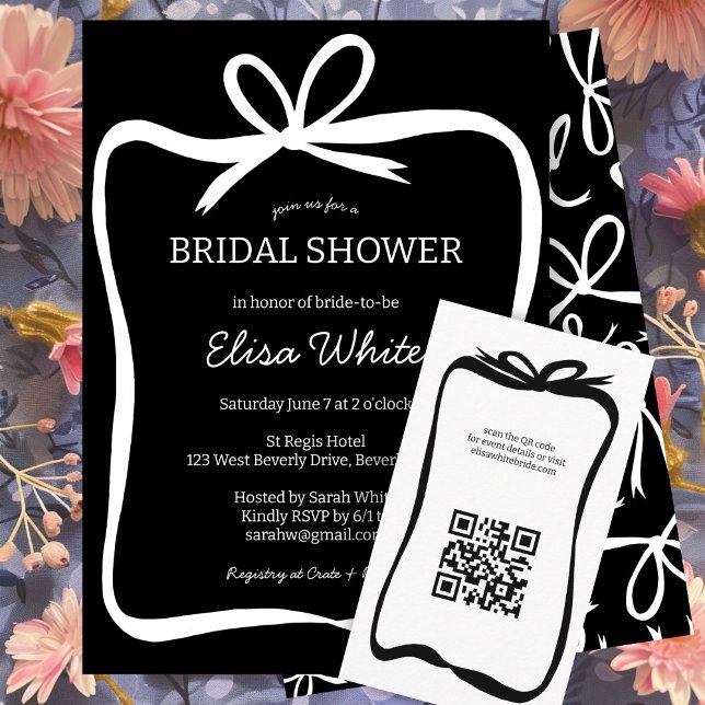 Bow Ribbon Frame Elegantes Brautparty CUSTOM Einladung (Bow Ribbon Frame Elegant Bridal Shower CUSTOM Invitation Black and White Simple Minimalist)