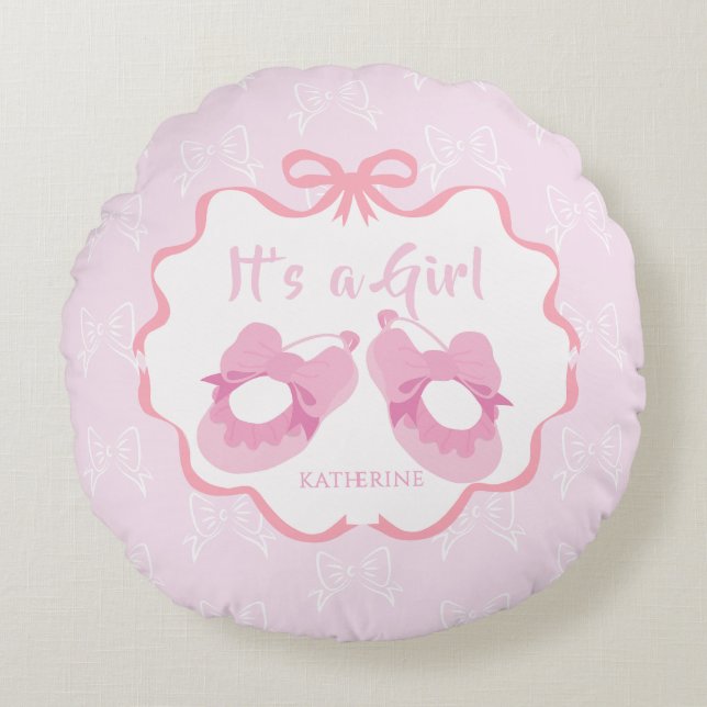 Bow Ribbon its a Girl Rundes Kissen (Vorderseite)
