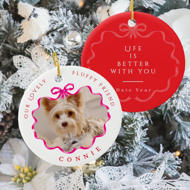Bow Ribbon Pet Memory Foto Red Keramik Ornament (Bow Ribbon Pet Memory Photo Red Ceramic Ornament)