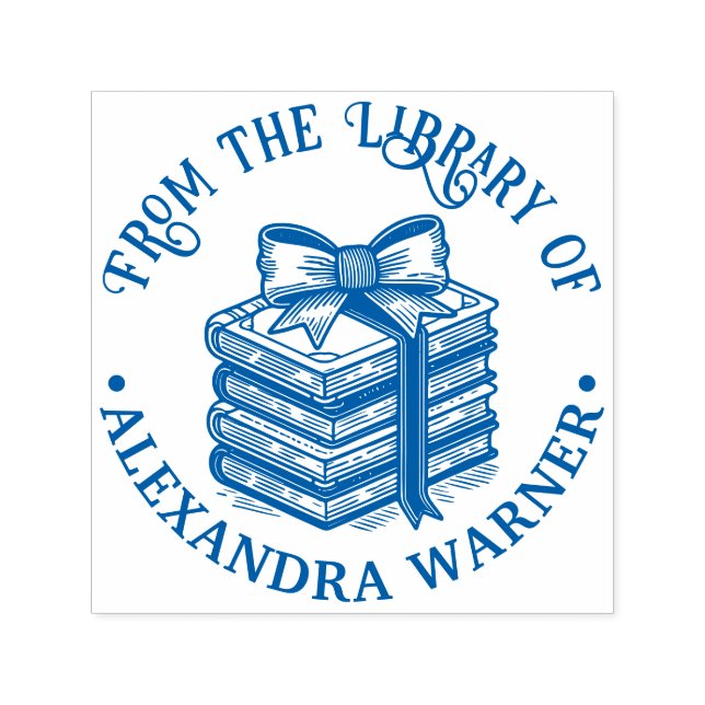Bow Ribbon Wrapped Stack of Books Library Name Permastempel (Design)