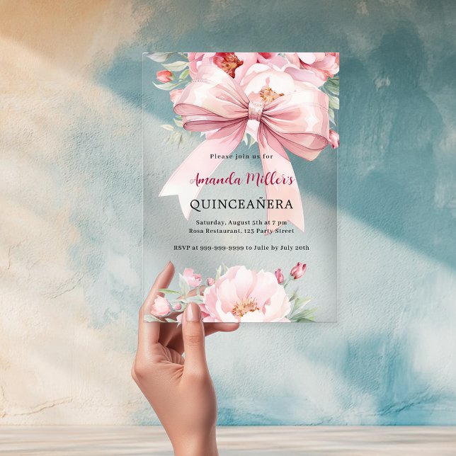 Bow rosa Blüten klar Quinceanera Acryleinladungen (Von Creator hochgeladen)