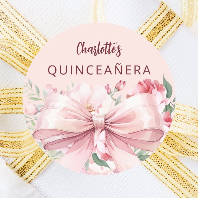 Bow rosa Blüten Quinceanera Runder Aufkleber (Von Creator hochgeladen)