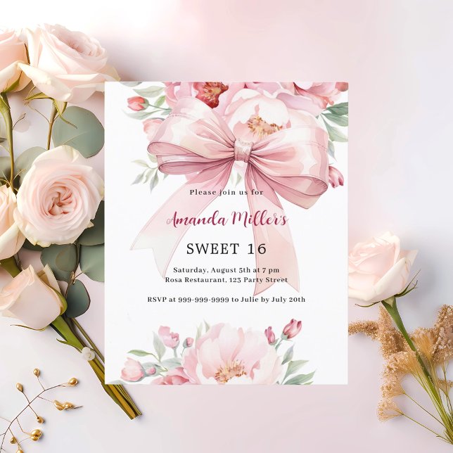 Bow rosa Florals Sweet 16 Einladung (Von Creator hochgeladen)