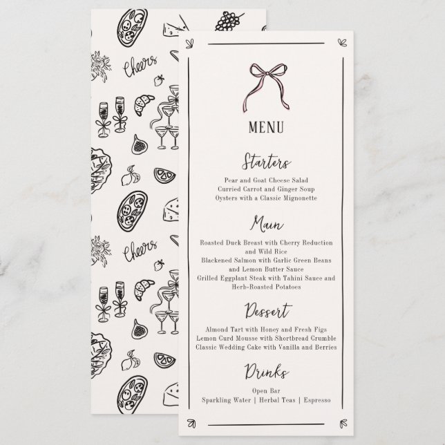 Bow rose Whimsical, menu plat Mariage dessiné à la (Devant / Derrière)