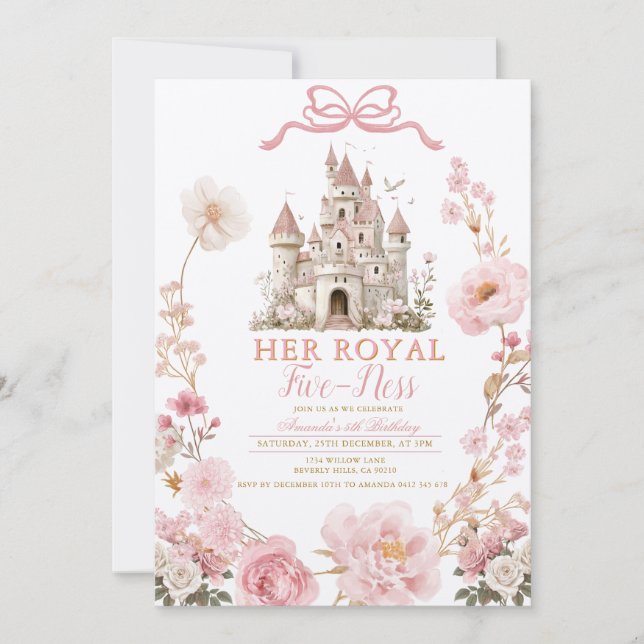 Bow Royal five-ness Birthday Castle Pink Ribbon Einladung (Vorderseite)