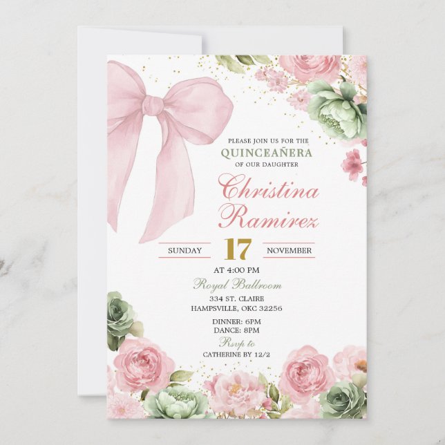Bow Sage Pink Coquette Floral Quinceanera Einladung (Vorderseite)