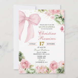 Bow Sage Pink Coquette Floral Quinceanera Einladung