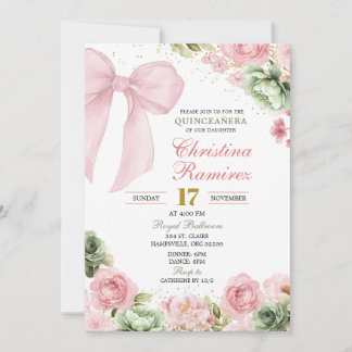 Bow Sage Pink Coquette Floral Quinceanera Einladung