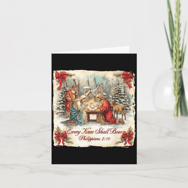 Bow Santa Christmas Nativity Scene Every Knee Shal Karte (Vorderseite)
