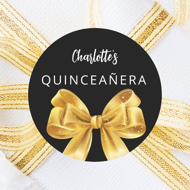 Bow schwarzes Gold Quinceanera Runder Aufkleber (Von Creator hochgeladen)