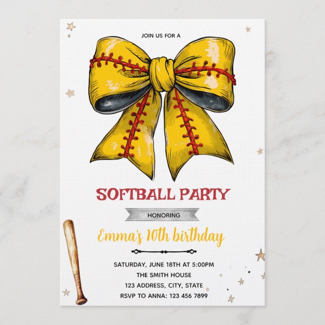 Bow softball party invitation (Devant)