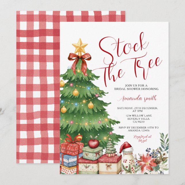 Bow Stock the Tree Christmas Bridal Shower Floral Einladung (Vorne/Hinten)