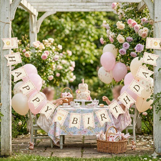 Bow & Strawberry Sun Happy Birthday Wimpelkette