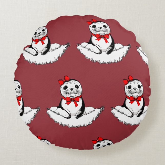 Bow-tiful Seal – Christmas Edition Rundes Kissen (Vorderseite)
