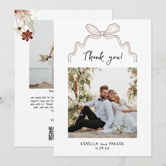 Bow und Blume Hochzeit Danke Foto Qr Scan (Vorne/Hinten)